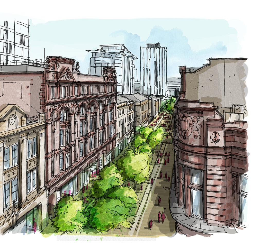 Sketch impression of pedestrianised, treelined Glasgow Street