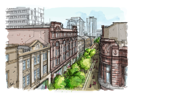 Sketch impression of pedestrianised, treelined Glasgow Street